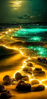 Mystical beach path under moonlight with glowing sand and ocean waves.