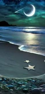 Enchanting crescent moon and stars over a tranquil beach at night.