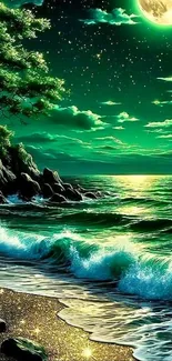 Moonlit beach with waves under a starry night sky.