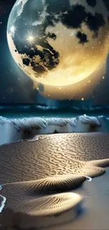 A celestial moon overlooking a tranquil ocean and sandy beach at night.