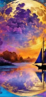 Beautiful moonlit sailboat on a colorful fantasy landscape with vibrant purples.