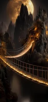 Mystical bridge at night with glowing lights and a full moon in the background.