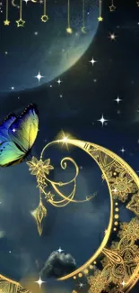 Mystical wallpaper with moon, butterfly, and stars.