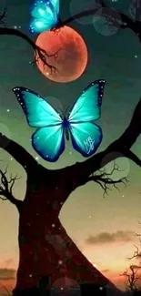 Heart-shaped tree with butterflies under moon.