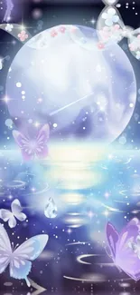 Mystical moonlit scene with butterflies and pastel hues.