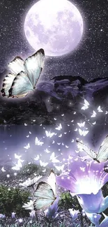 Butterfly night scene with moonlit sky and luminous flowers.