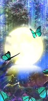 Mystical scene with butterflies and moonlight in a forest.