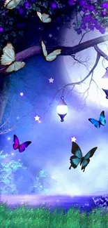 Enchanting night scene with butterflies and moonlight for a mobile wallpaper.