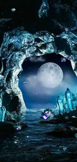 Moonlit cave with glowing blue crystals and night sky scene.