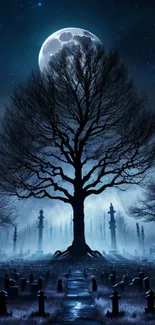 Mystical cemetery scene with a moonlit silhouette of a tree and gravestones.