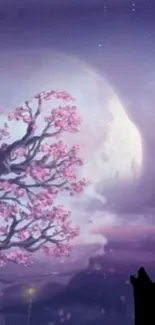 Mystical cherry blossom tree under a moonlit sky with a wolf silhouette.