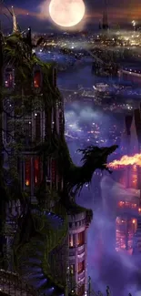 Gothic cityscape with dragon under moonlit sky.