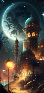 Mystical moonlit cityscape with glowing lanterns and intricate architecture.