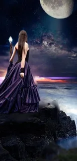 Mystical woman on a cliff under a moonlit sky overlooking the ocean.