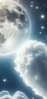 Mystical moonlit sky with clouds and stars.