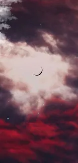 Crescent moon among red and black clouds with stars.