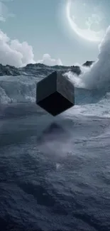 Surreal moonlit cube floating near mountains and clouds.