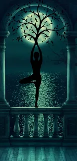 Silhouette dancer with tree under moonlight, surrounded by roses on a stone balcony.