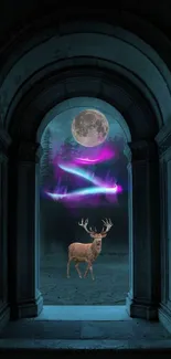 A deer stands under a colorful aurora and full moon, framed by ancient arches.