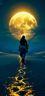 Lone rider in desert under glowing full moon.