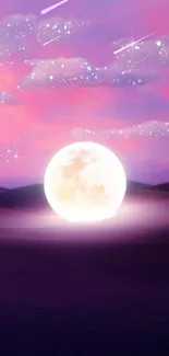 Moonlit desert under pink and purple sky with clouds.