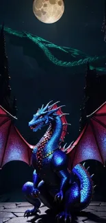 Colorful dragon with open wings under a full moon night.