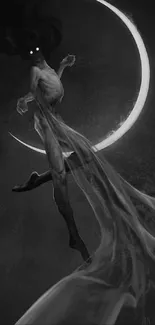 Ethereal figure with glowing eyes in front of a crescent moon on dark wallpaper.