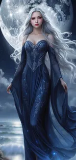 Fantasy wallpaper with a mystical woman in a flowing blue gown under a full moon.