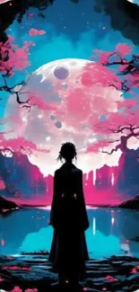 Silhouette facing a moonlit fantasy landscape with vibrant colors and trees.