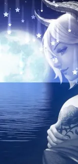 Fantasy art wallpaper with moon, stars, and a mystical female figure over ocean.