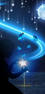 Silhouette with moon, stars, and butterflies in a night sky.