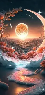 Mystical moonlit scene with roses and glowing orb in fantasy landscape.