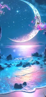 Mystical moonlit beach with vibrant colors and glowing waters.