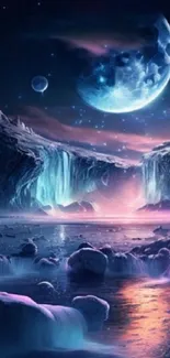 Mystical moonlit landscape with waterfalls and stars.