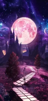 Mystical moonlit scene with purple hues and a dreamy path under a cosmic sky.