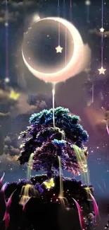 Mystical tree under crescent moon and stars in a fantasy night scene.