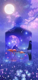 Enchanting fantasy wallpaper with moonlit blossoms and purple hues.