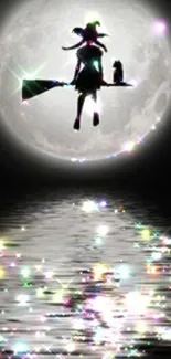 Silhouette of a witch flying over a moonlit, sparkling water reflection.