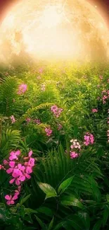 Mystical floral scene under a full moon in a lush, green garden.