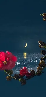 Mystical scene with crescent moon and red flowers over a serene sea.