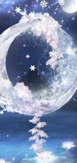 A mystical moonlit scene with flowers and stars on blue background.