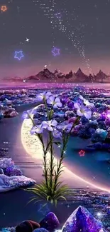 Mystical moonlit scene with flowers and vibrant gemstones.