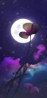 Moonlit night with flowers and colorful clouds.