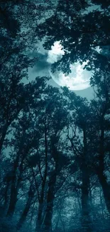 A moonlit forest with tall trees silhouetted against a luminous full moon.