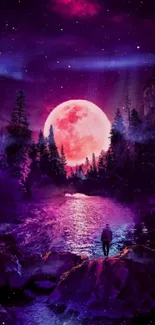 A person stands beside a river under a pink moon in a mystical forest.