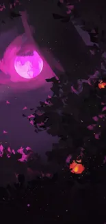 Mystical purple moon illuminating a dark forest with glowing elements.