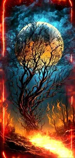 Mystical forest with moon and fiery colors at night.