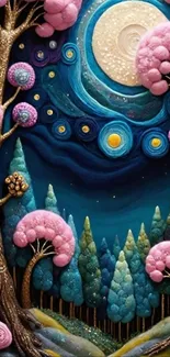 Mystical forest with moonlit sky and pink trees.
