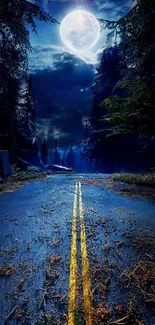 Moonlit forest road under a mystical night sky.