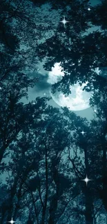 Enchanting moonlit forest with glowing stars and a clear night sky.